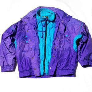 Vintage 90s Colorblock Ski Jacket Purple Teal Fleece Lined Retro M